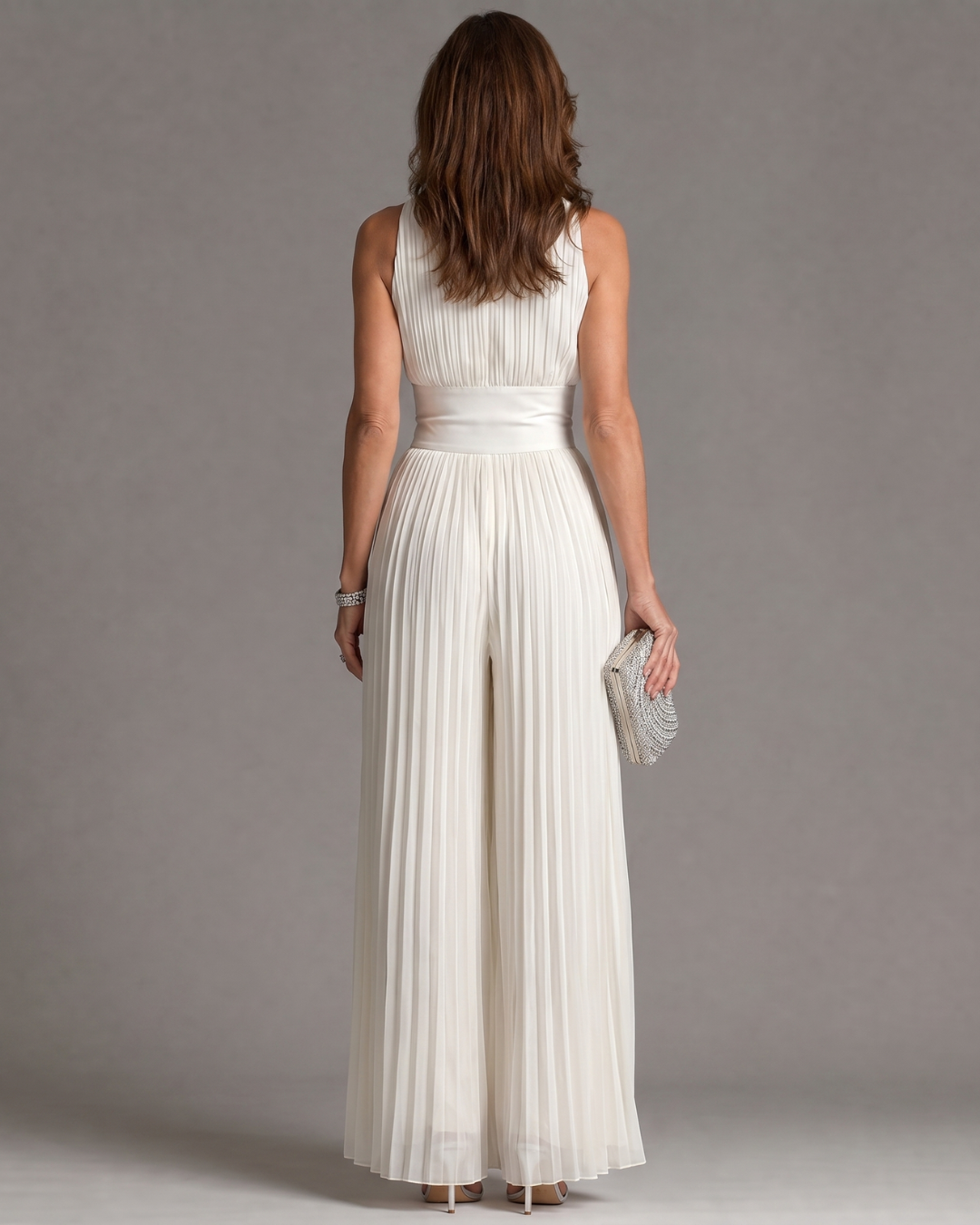 Women's Pleated Halter Neck Wide Leg Jumpsuit - Evening Gatherings