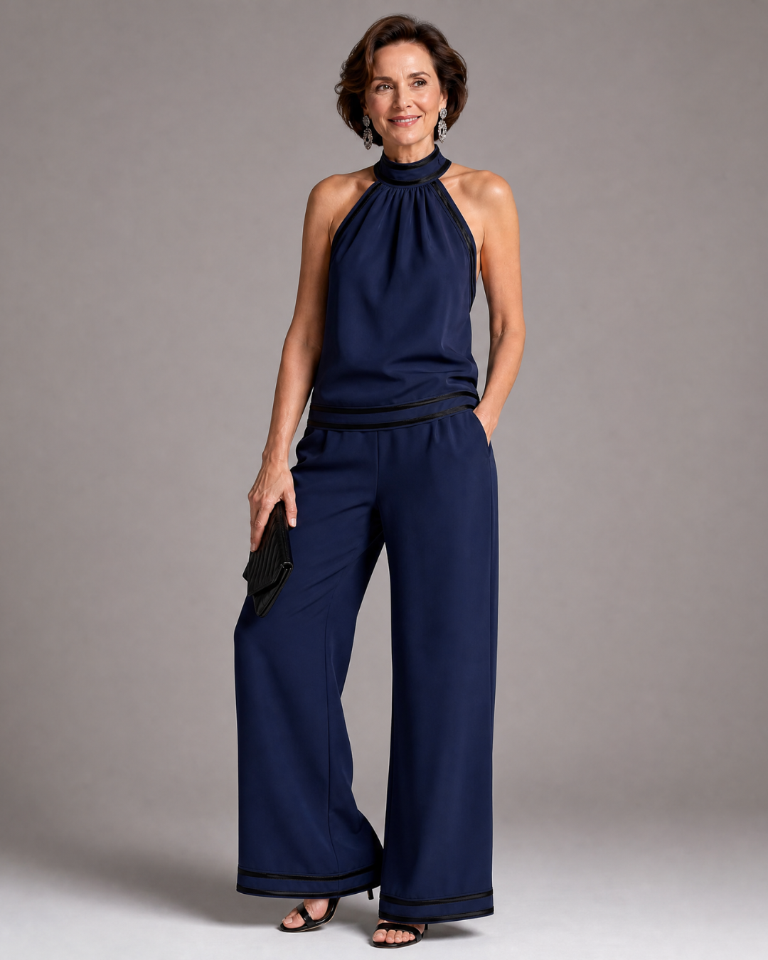 Women's Contrast Trim Halter Neck Wide Leg Jumpsuit - Warm Weather
