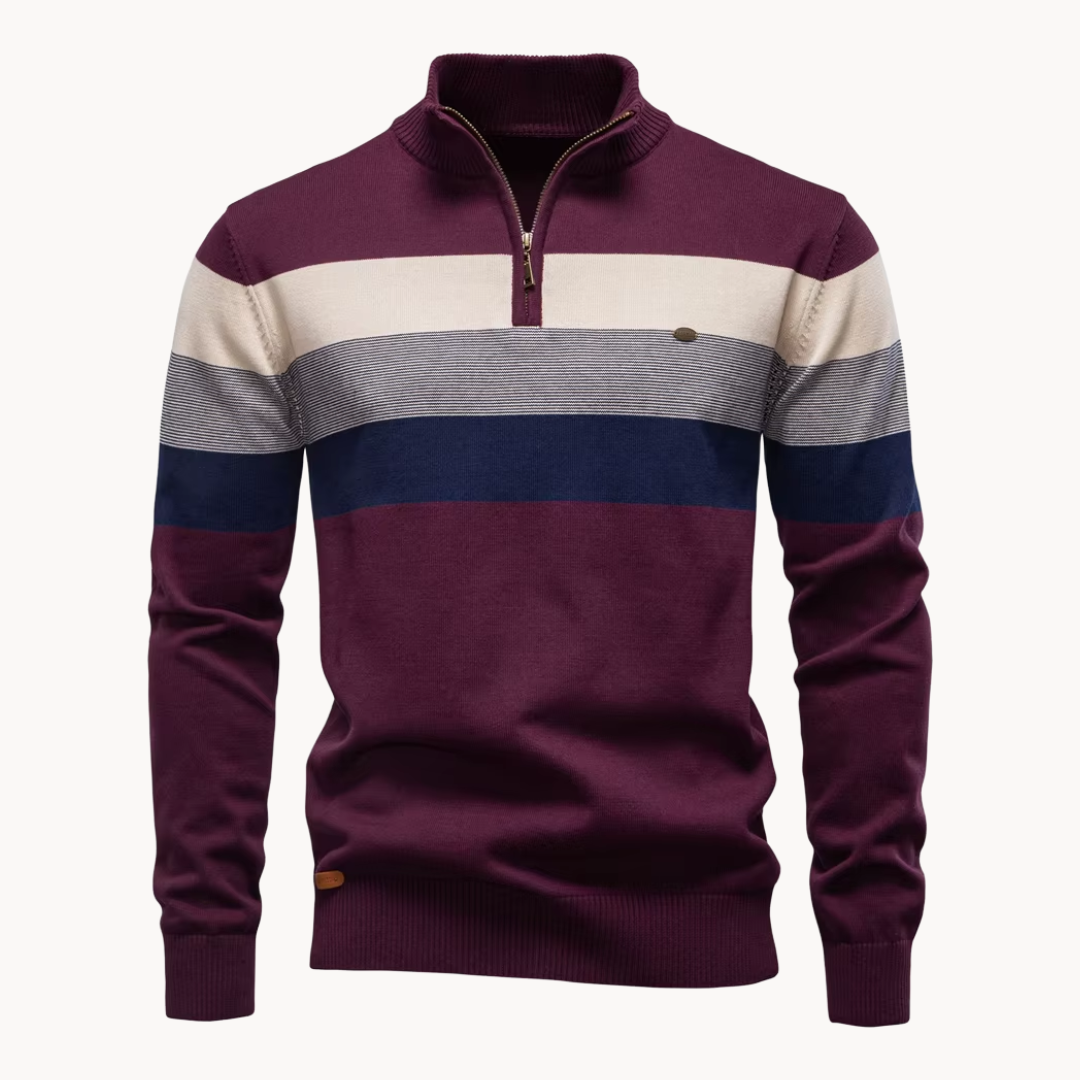 Men's Cotton Quarter-Zip Jumper – Striped Stretch Knit