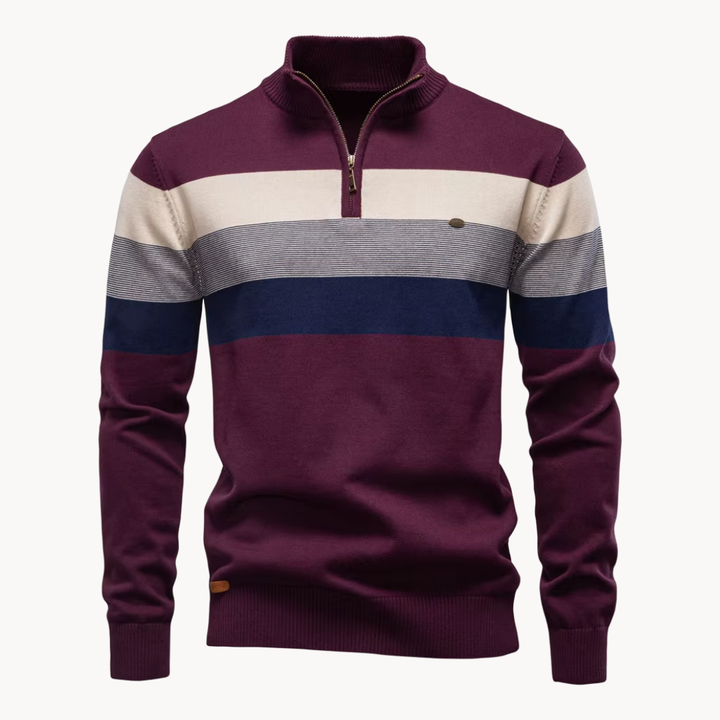 Men's Cotton Quarter-Zip Jumper – Striped Stretch Knit