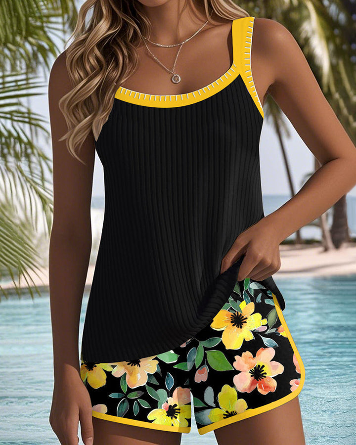 Women's Ribbed & Floral Tankini Shorts Set - Effortless Beach Style