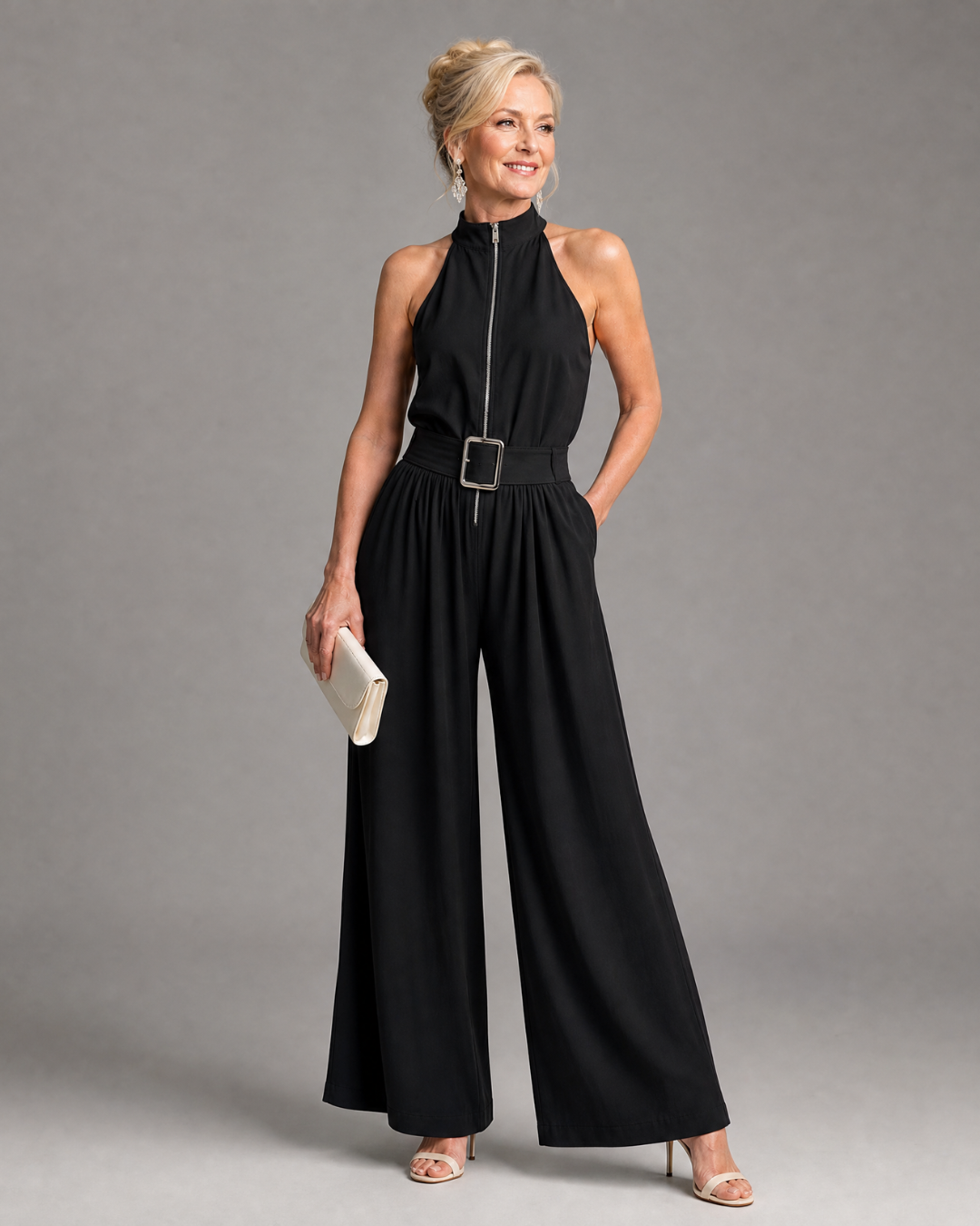 Women's Belted High Neck Wide Leg Jumpsuit - Effortless Evening Style