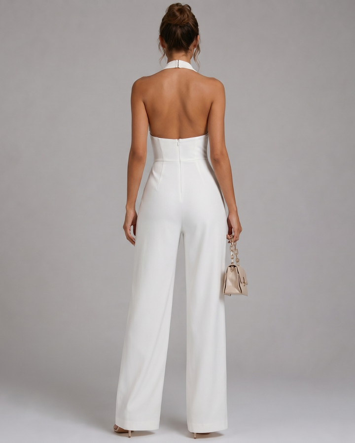 Women's Halter Neck Wide Leg Jumpsuit - Evening Wear