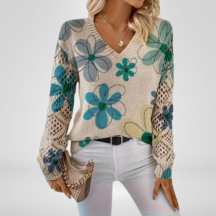 Women's Floral V-Neck Knit Sweater - Year-Round Elegance