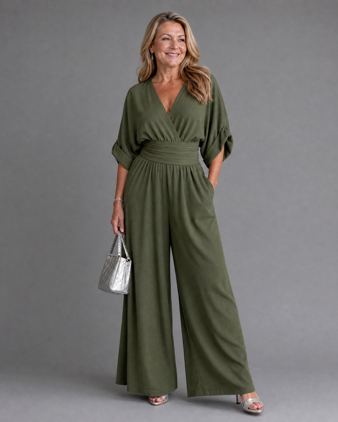 Women's Draped V Neck Wide Leg Relaxed Jumpsuit - Effortless Everyday