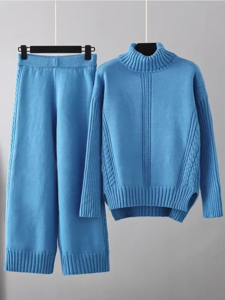 Women's Turtleneck Knit Sweater and Loose Pants Set - Cozy Casual
