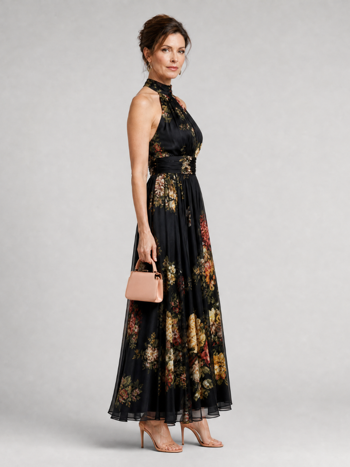 Women's Floral Halter Neck Midi Dress - Effortless Warm-Weather