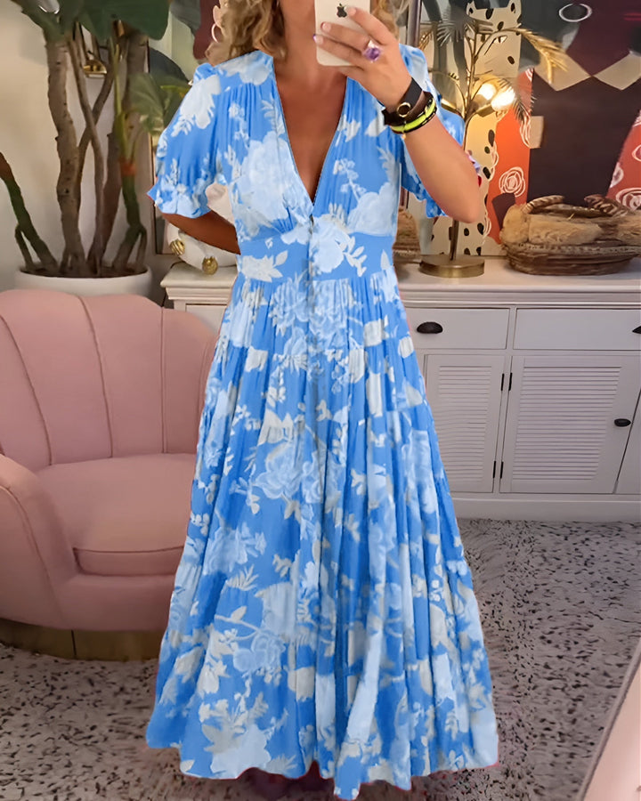 Women's Floral V-Neck Dress with Pockets - Summer Elegance