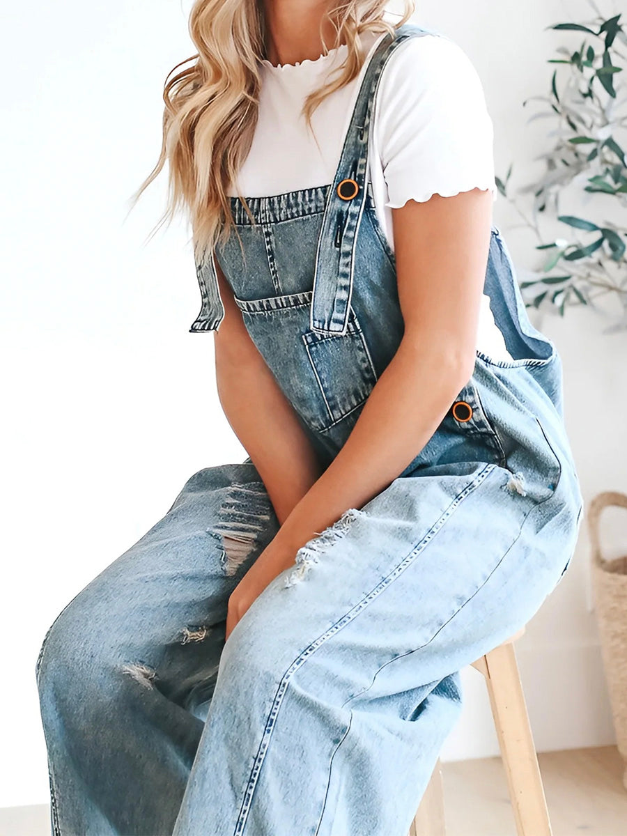 Women's Loose Fit Distressed Denim Overalls - Effortlessly Cool