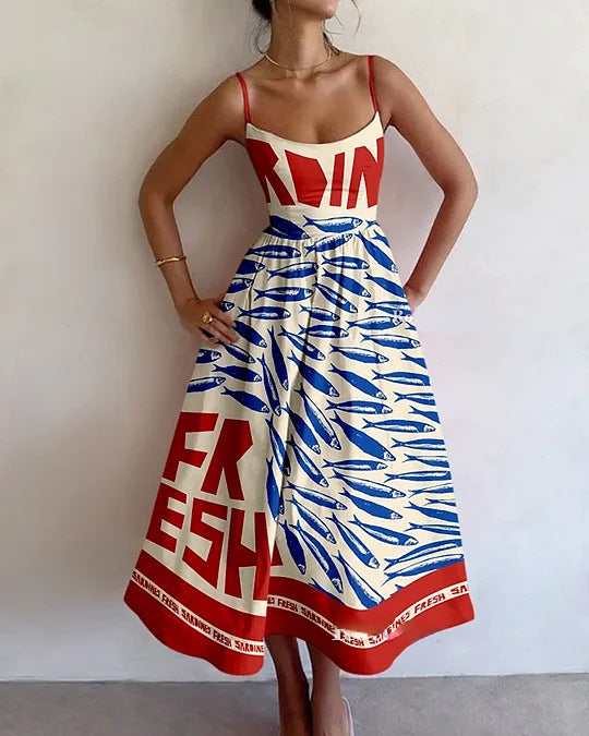 Women's Coastal Art Print Midi Dress - Breezy Confidence