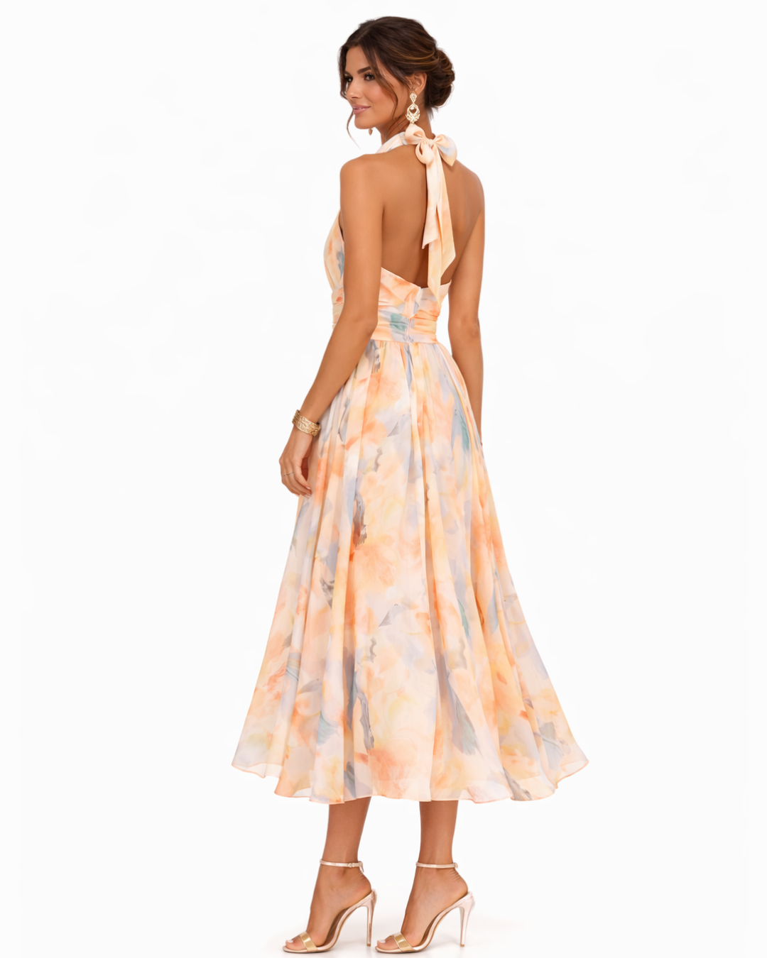 Women's Halter Neck Midi Dress with Watercolor Print