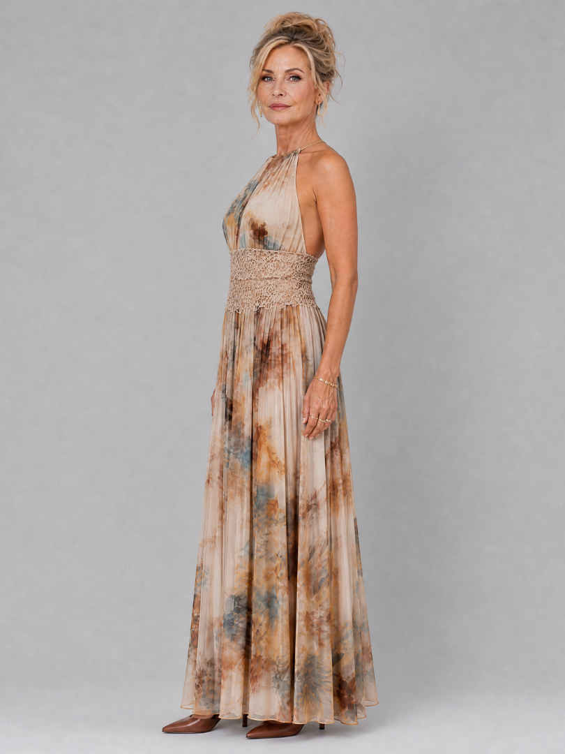 Women's Printed Halter Neck Lace Waist Maxi Dress - Perfect for Warm
