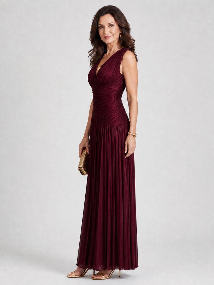 Women's Sleeveless Pleated V Neck Midi Dress - Perfect for