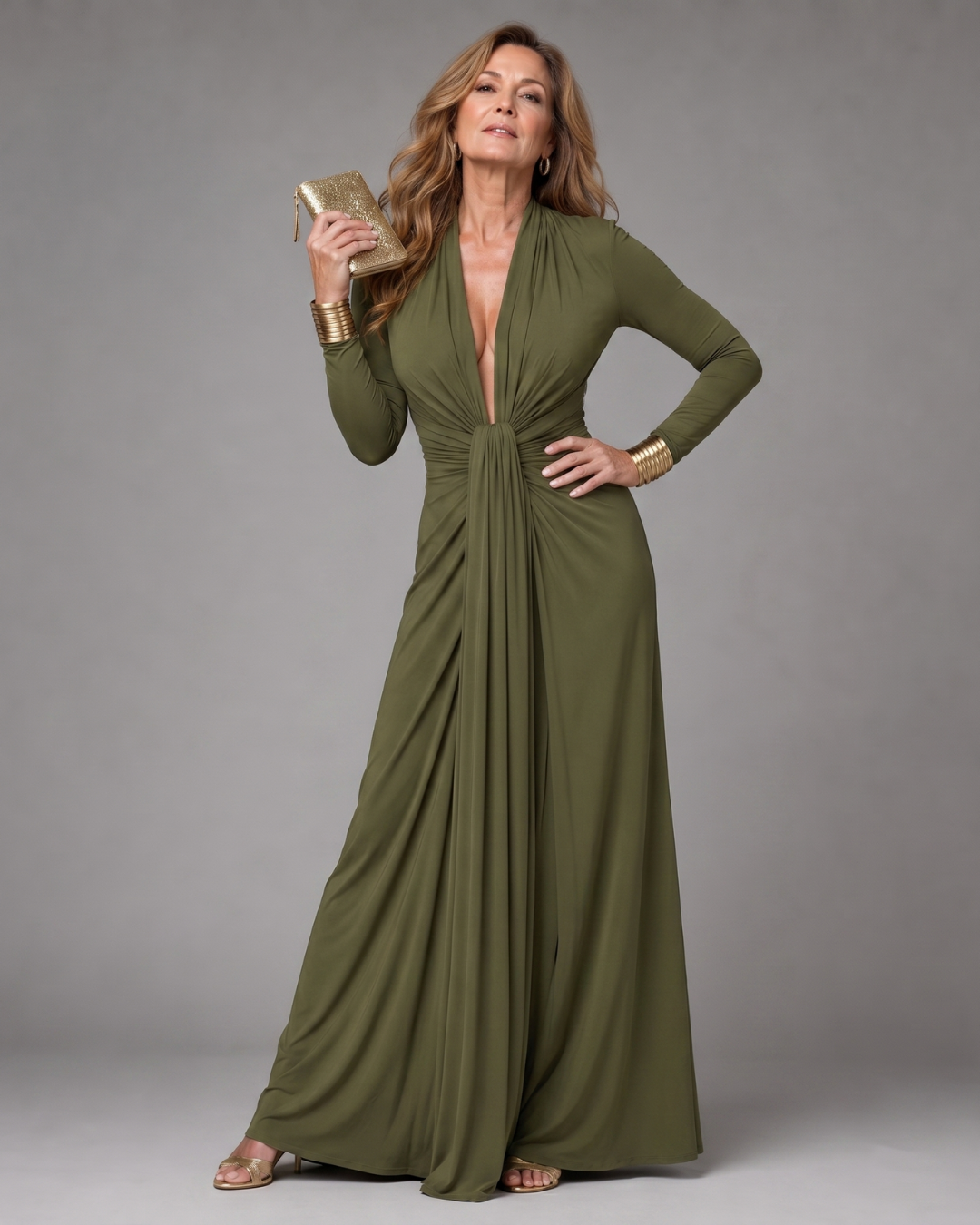 Women's Draped Deep V Neck Long Sleeve Maxi Dress - Evening Formal
