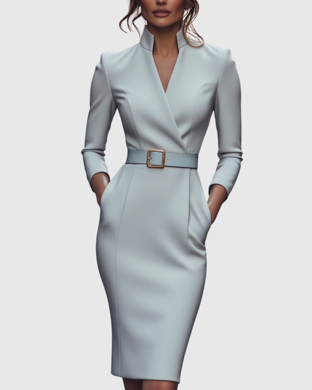Women's Polyester Midi Dress - Mock Wrap & Belted Fit