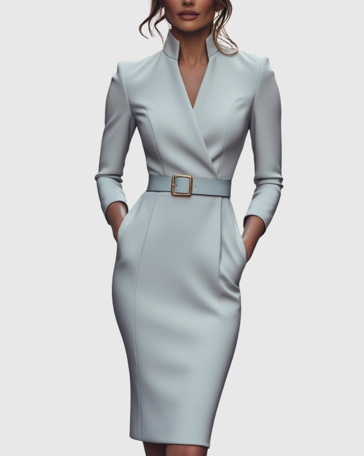Women's Polyester Midi Dress - Mock Wrap & Belted Fit
