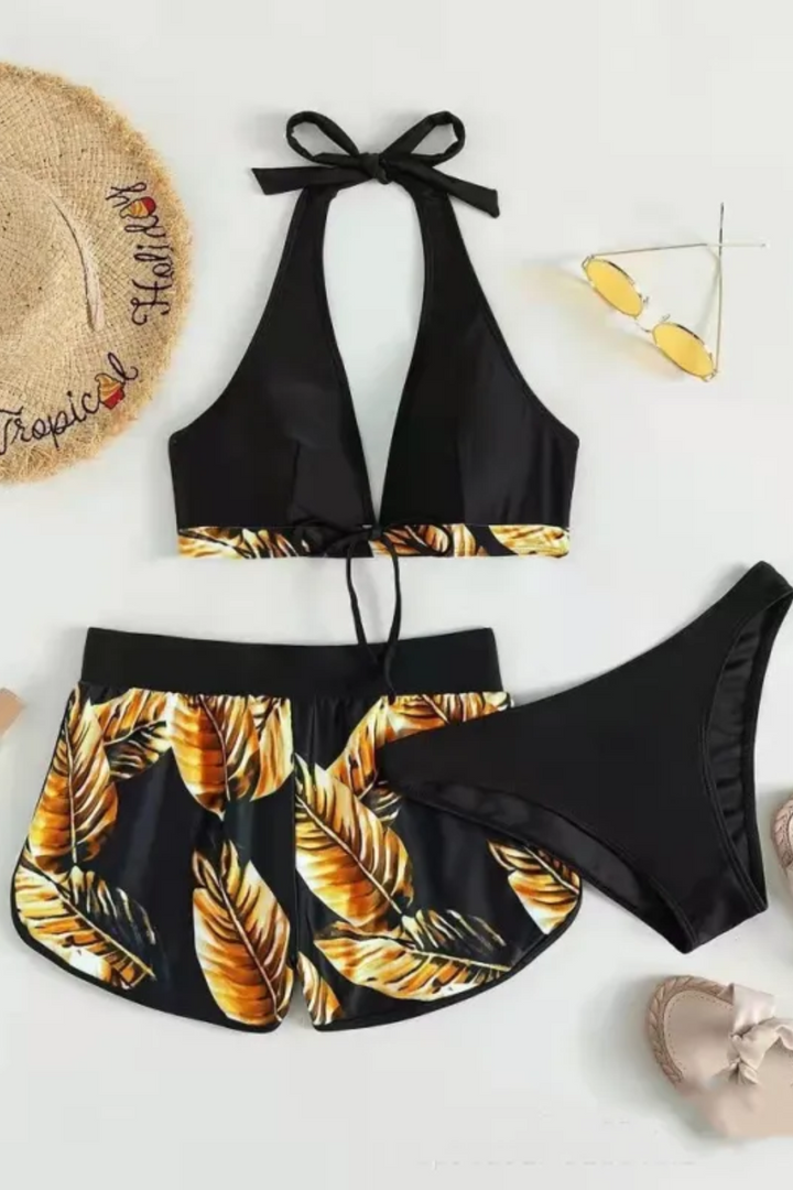 Women's Leaf Print 3-Piece Bikini Set - Versatile Beach Look