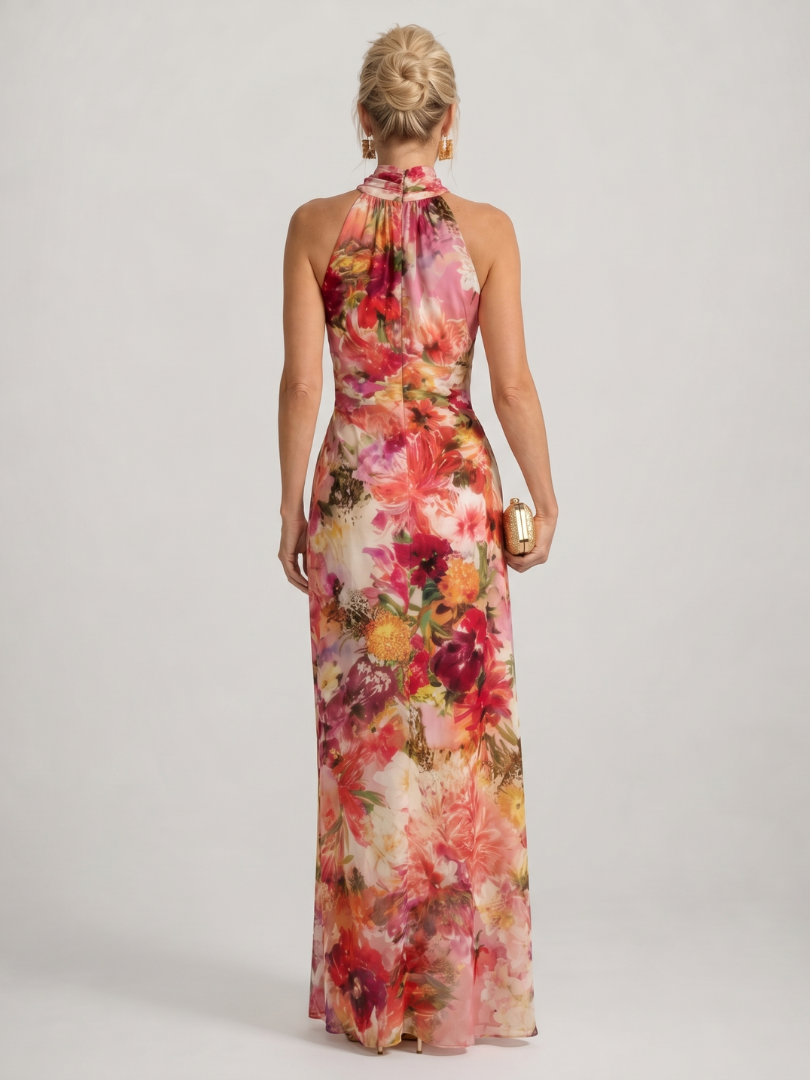 Women's Halter Neck Floral Print Maxi Dress - Elegant Silhouette