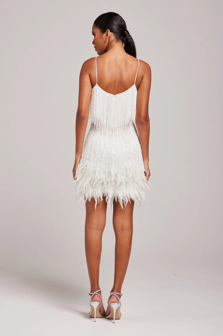 Women's Modern Feathered Party Dress - Beaded Fringe Glamour
