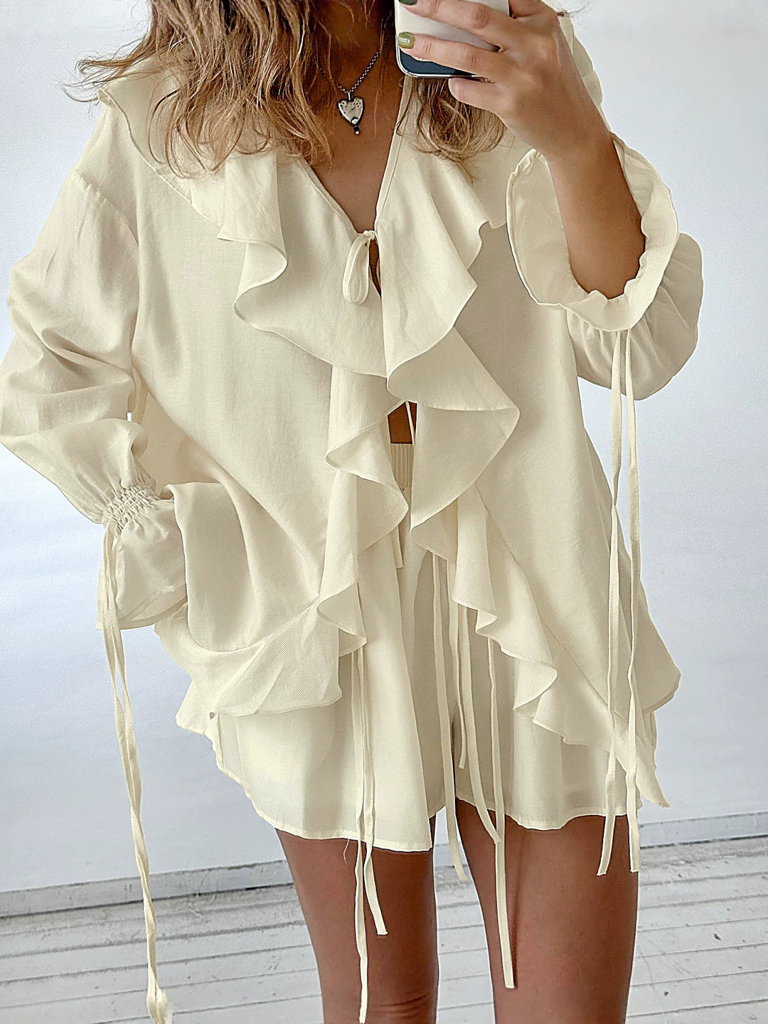 V-Neck Ruffle Shirt + Shorts Set