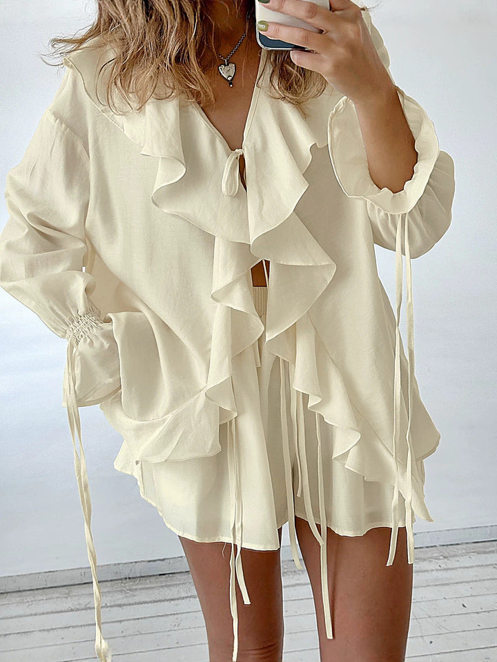V-Neck Ruffle Shirt + Shorts Set