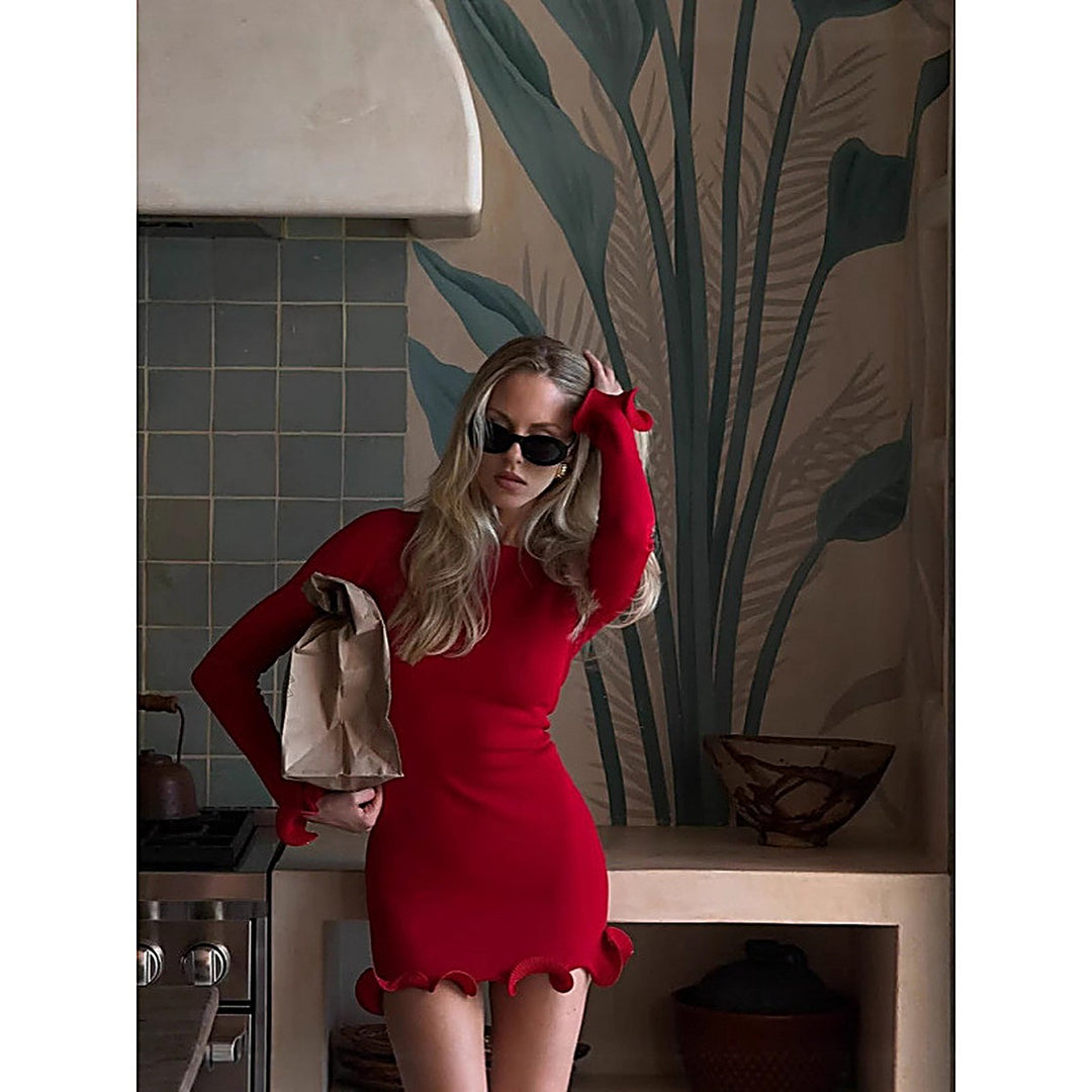 Round-Neck Ruffle Cinched-Waist Dress