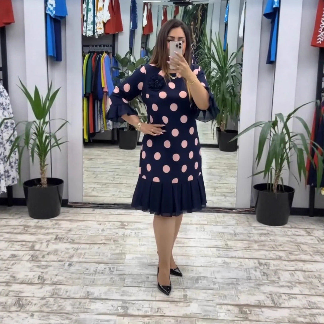 Women's Polka Dot Pleated Knee-Length Dress - Graceful Everyday Look