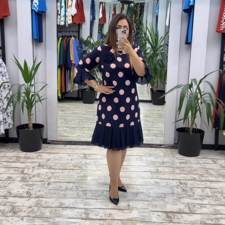Women's Polka Dot Pleated Knee-Length Dress - Graceful Everyday Look
