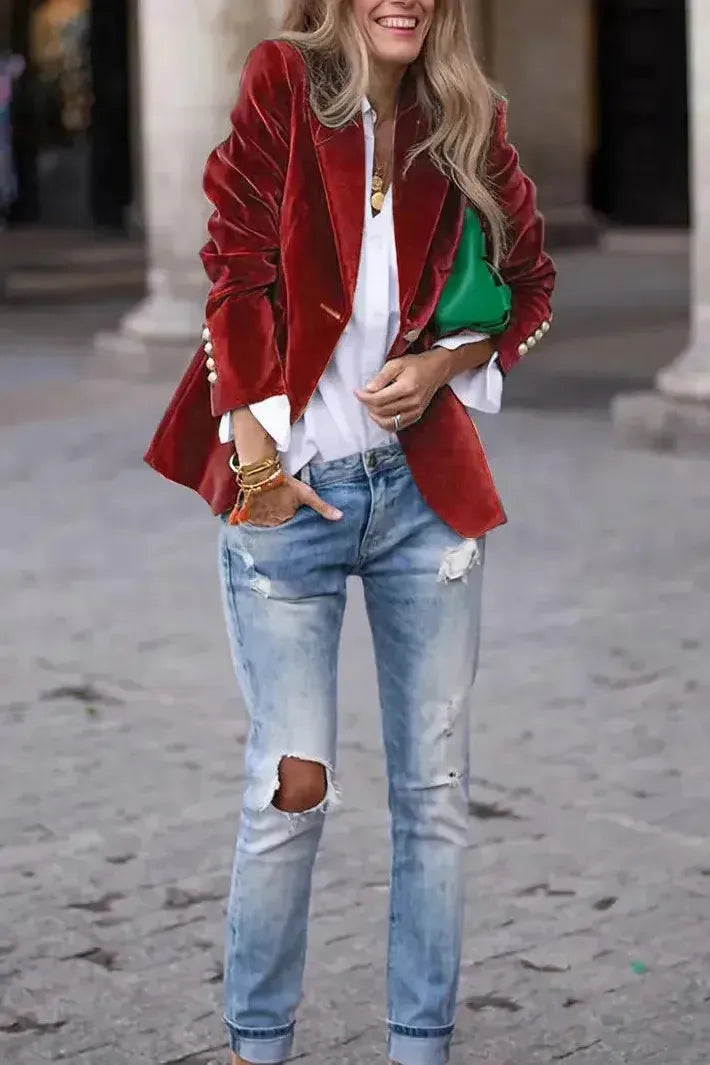 Women's Tailored Blazer with Gold Buttons - Effortless Elegance