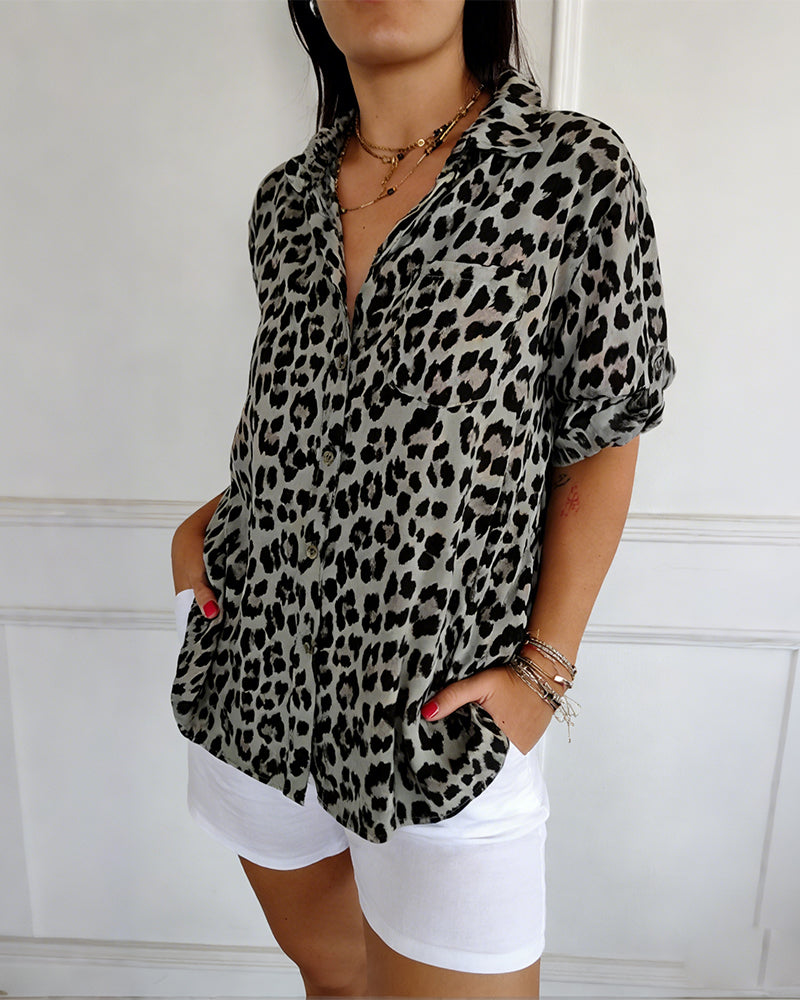 Women's Cotton Blend Leopard Print V-Neck Blouse - Chic Daily Wear
