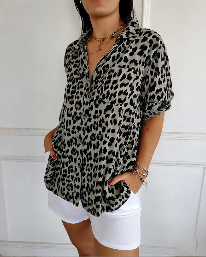 Women's Cotton Blend Leopard Print V-Neck Blouse - Chic Daily Wear