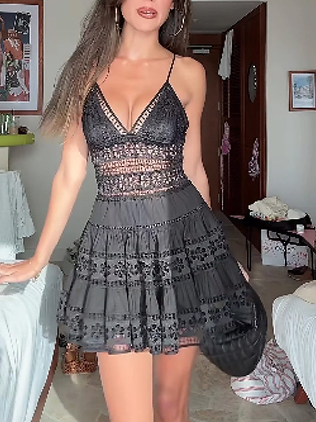 Elegant Lace Cutout Waist Cami Dress