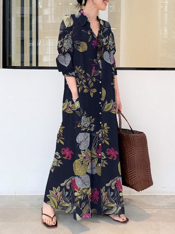 Women's Printed Split-Hem Lapel Shirt Maxi Dress