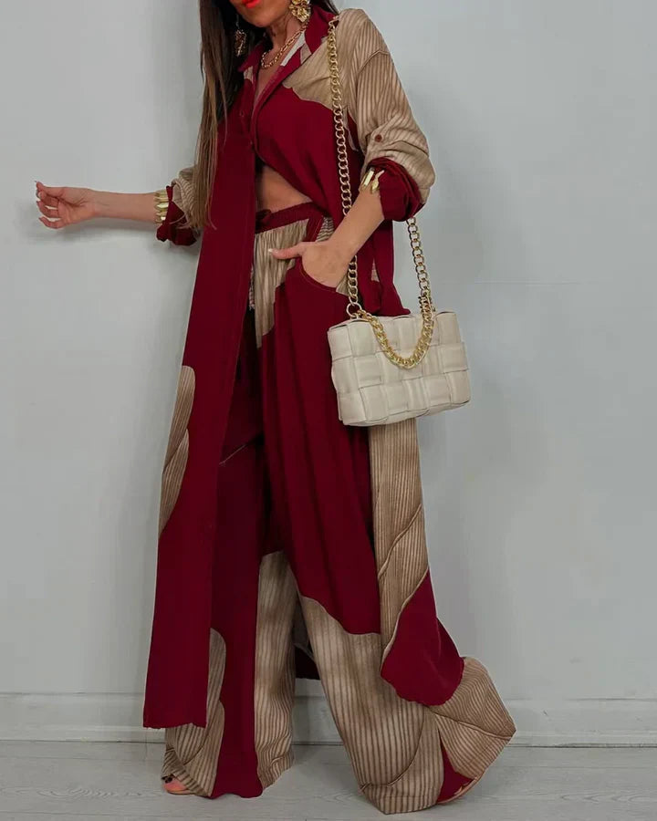 Women's Patchwork Print Top & Wide Leg Pants Set - Effortless Summer