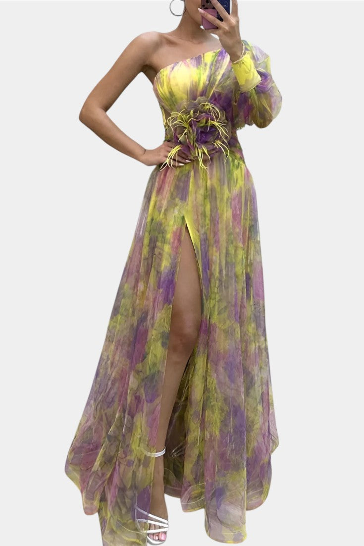 Women's Watercolor-Print One-Shoulder Maxi Dress - Elegant Event