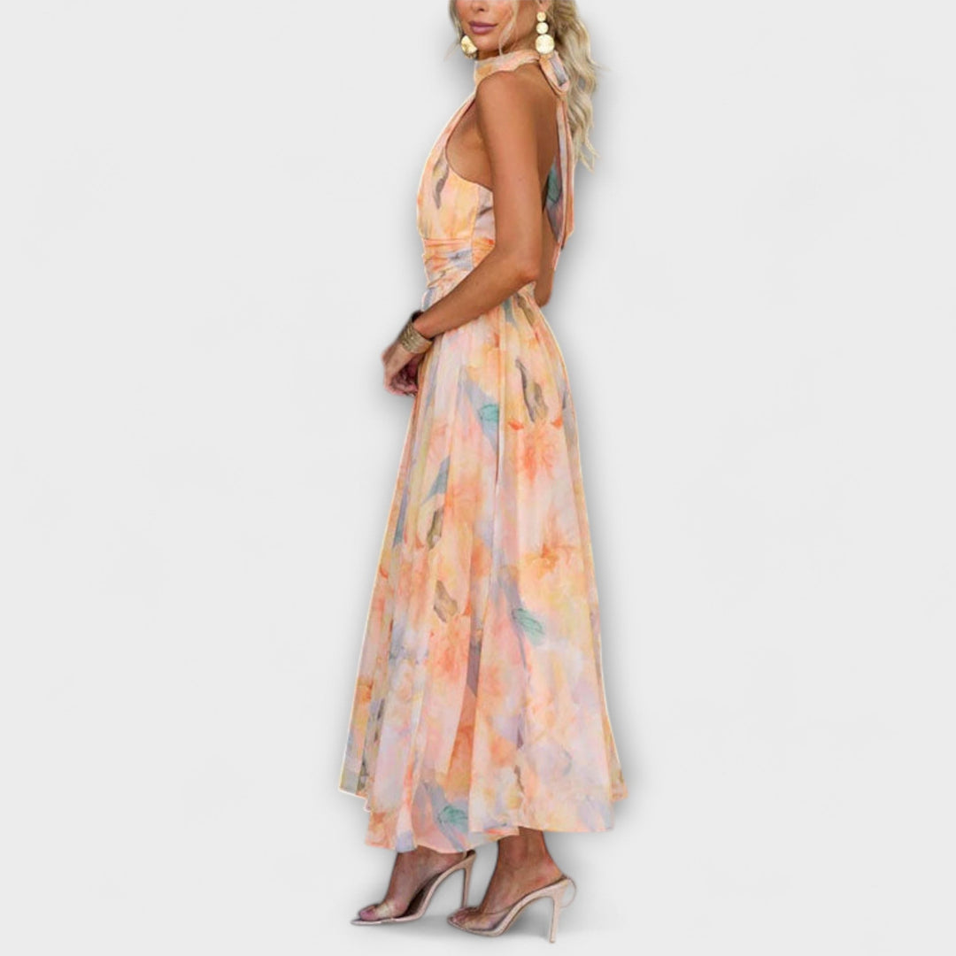 Women's Watercolor Print Halter-Neck Maxi Dress - Breezy Summer