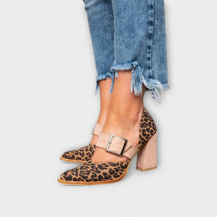 Women's Leopard Print Heeled Sandals - Elegant Evening