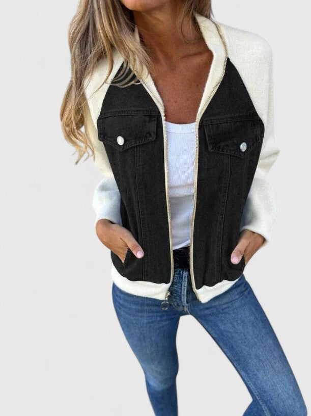 Women's Denim Jacket with Contrast Sleeves - Everyday Layering