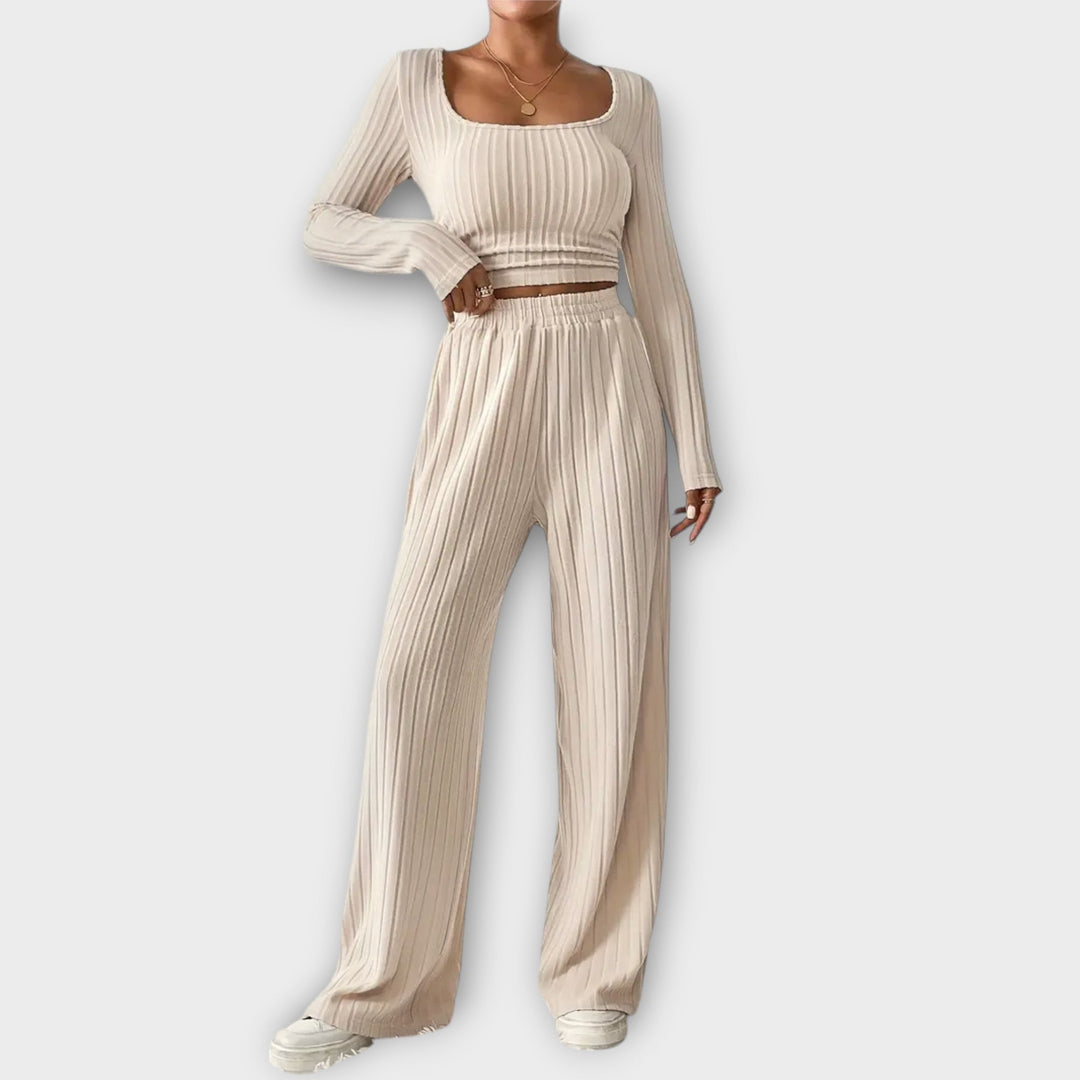 Women's Cozy Knit Two-Piece Set - Crop Top & Wide Pants