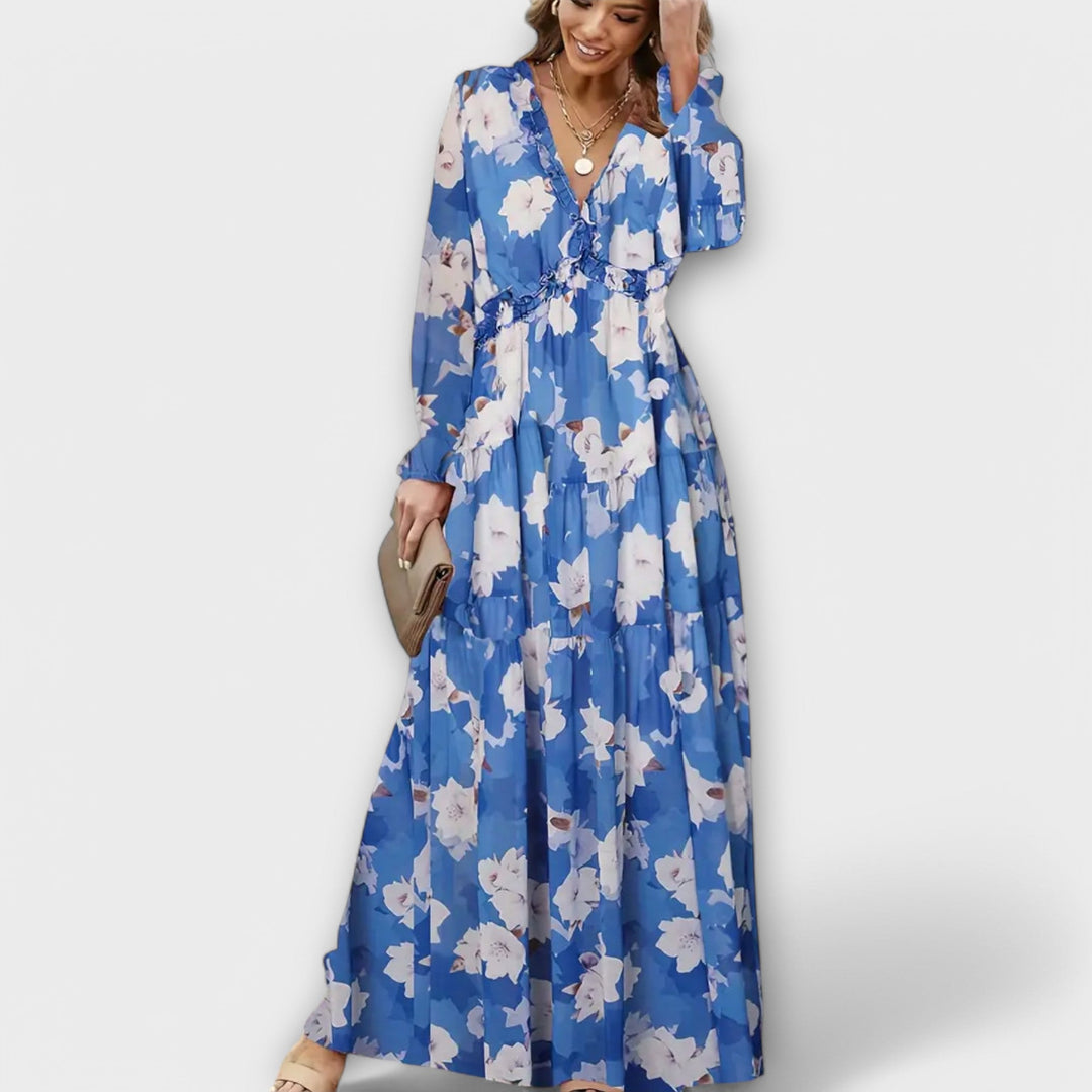 Women's Floral Maxi Dress - Graceful V-Neck & Long Sleeves