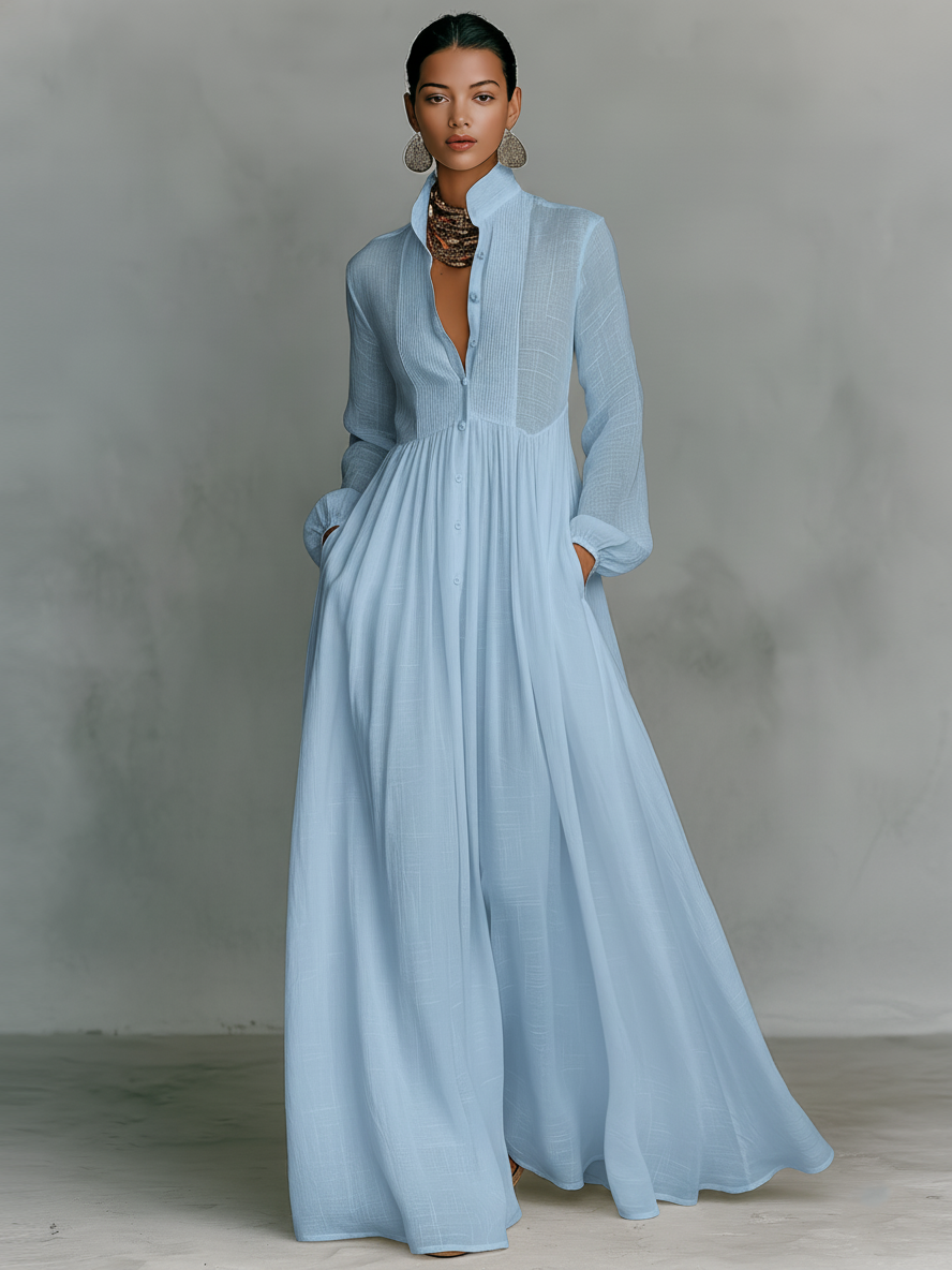 Women's Cotton Linen Maxi Dress - Elegant Patchwork Design