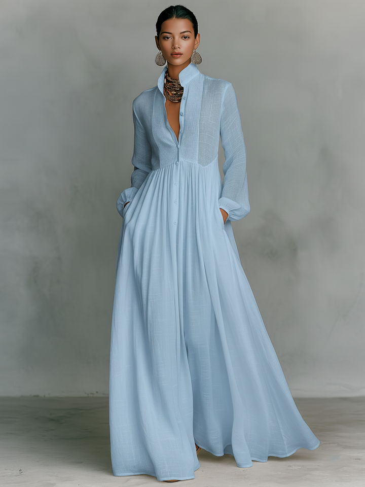 Women's Cotton Linen Maxi Dress - Elegant Patchwork Design