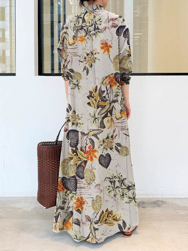 Women's Printed Split-Hem Lapel Shirt Maxi Dress