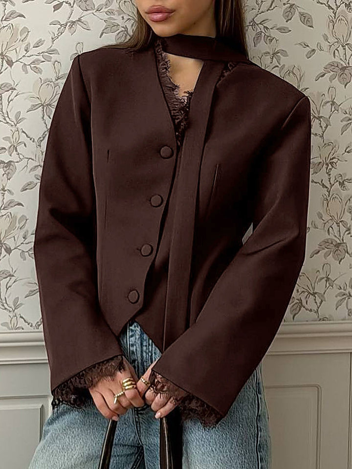 Brown Lace-Patchwork Blazer Commuter Suit