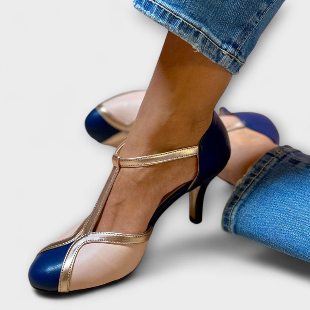 Women's Two-Tone Faux Leather T-Strap Heels - Elegant Comfort