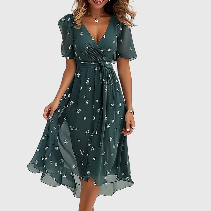 Women's Wrap-Style Midi Dress - Breezy Flutter Sleeve