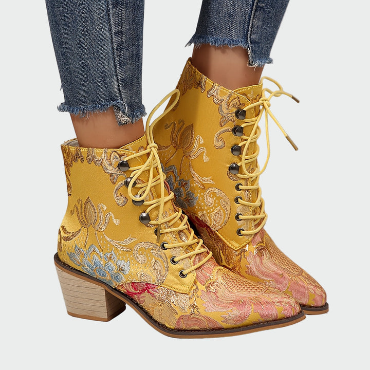 Women's Leather Ankle Boots with Embroidered Pattern - Low Heel