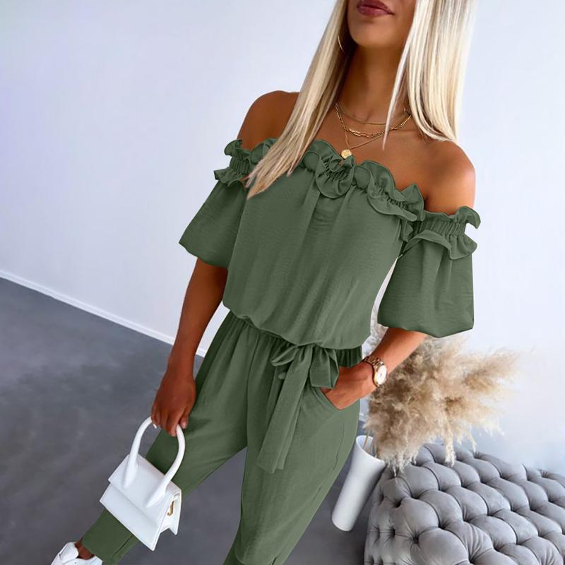 Women's Romantic Ruffle Off-Shoulder Jumpsuit - Effortless Elegance