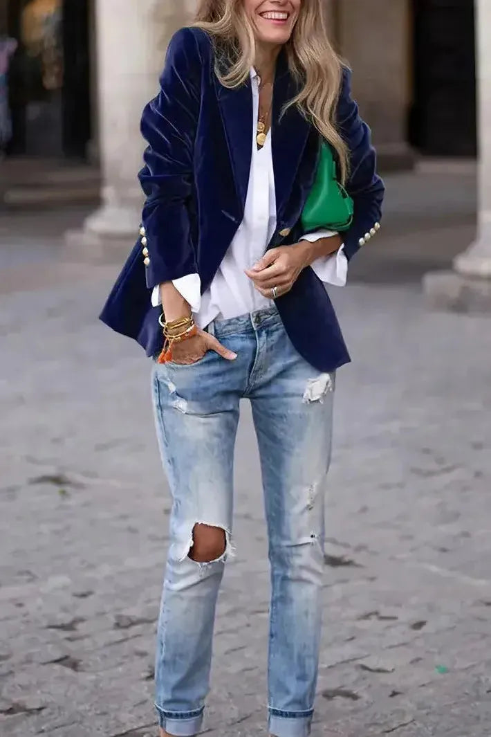 Women's Tailored Blazer with Gold Buttons - Effortless Elegance