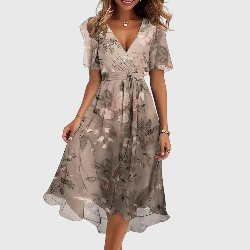 Women's Wrap-Style Midi Dress - Breezy Flutter Sleeve